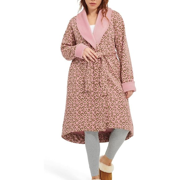 NWT UGG DUFFIELD WOMEN'S LEOPARD PLUSH BATH‎ ROBE PINK BLACK - Picture 1 of 6